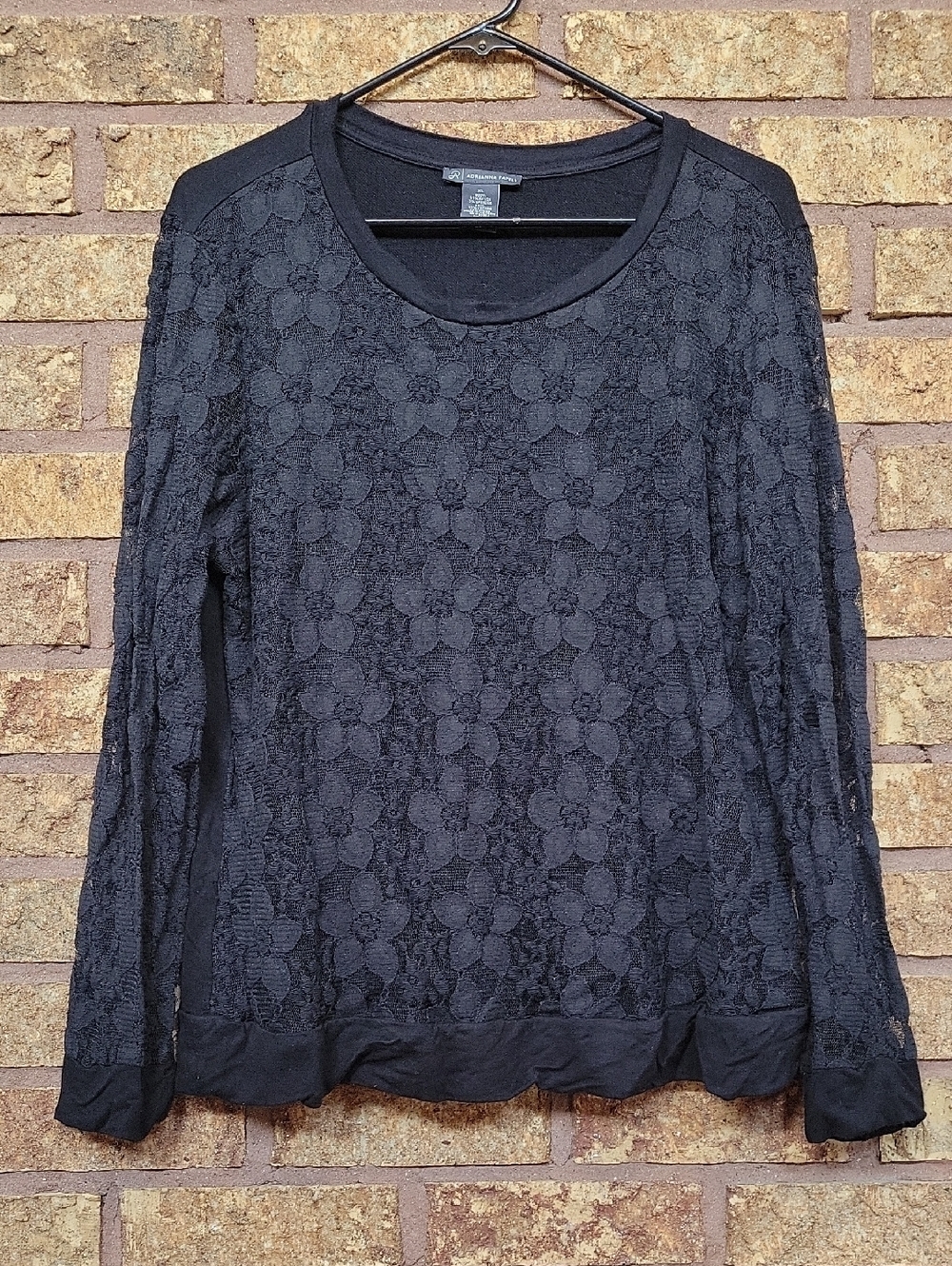 Adrianna Papell Black Floral Lace Long-Sleeve Top Size Large